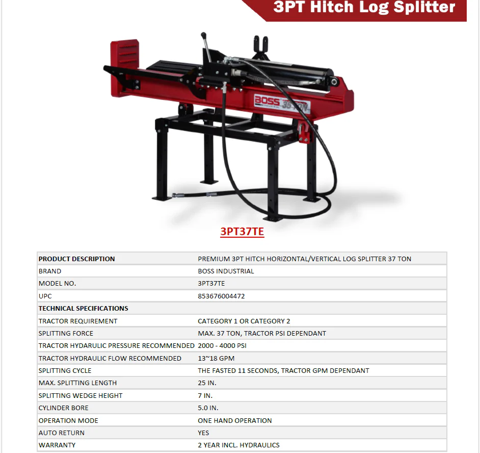 Boss Industrial 37 Ton 3-Point Tractor Log Splitter (3PT37TE) - Image 7