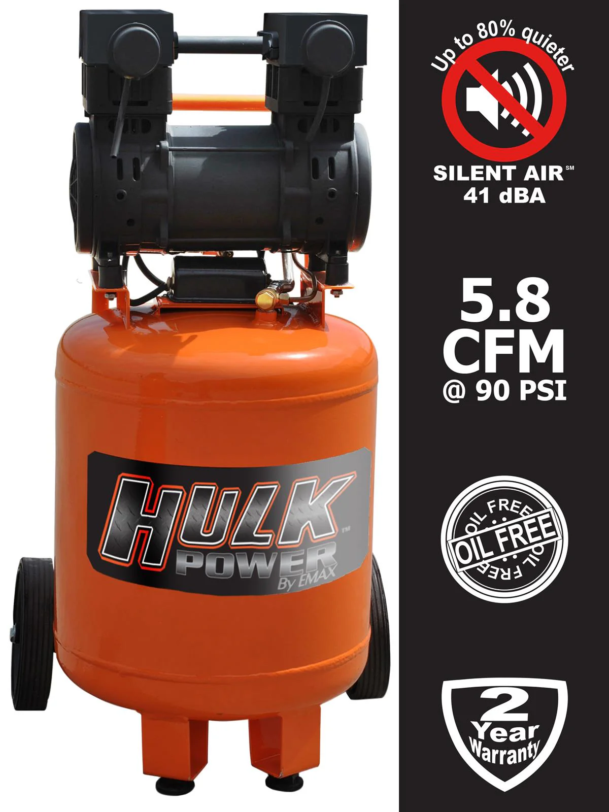 EMAX Hulk Portable "Silent" Air Compressor 8.39 CFM 10 Gallon W/ 2HP, 115V, 14.5AMP Motor (HP02P010SS) - Image 3