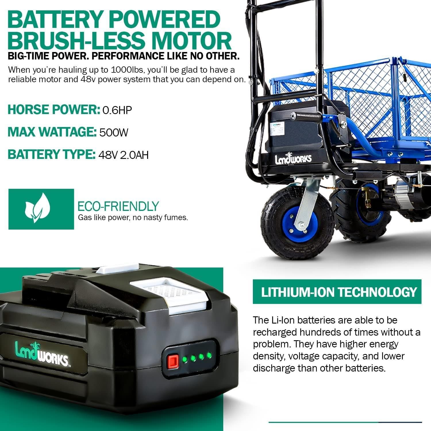 Landworks 48V 500 lb Working Capacity Self-Propelled Electric Utility Wagon Garden Cart (GUO026) - Image 5