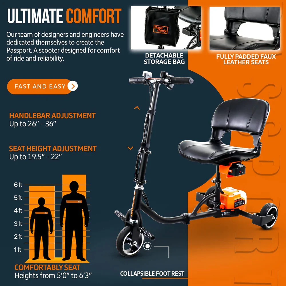 SuperHandy (GUT112) Passport 3 Wheeled Long Range Folding Mobility Scooter - Image 4