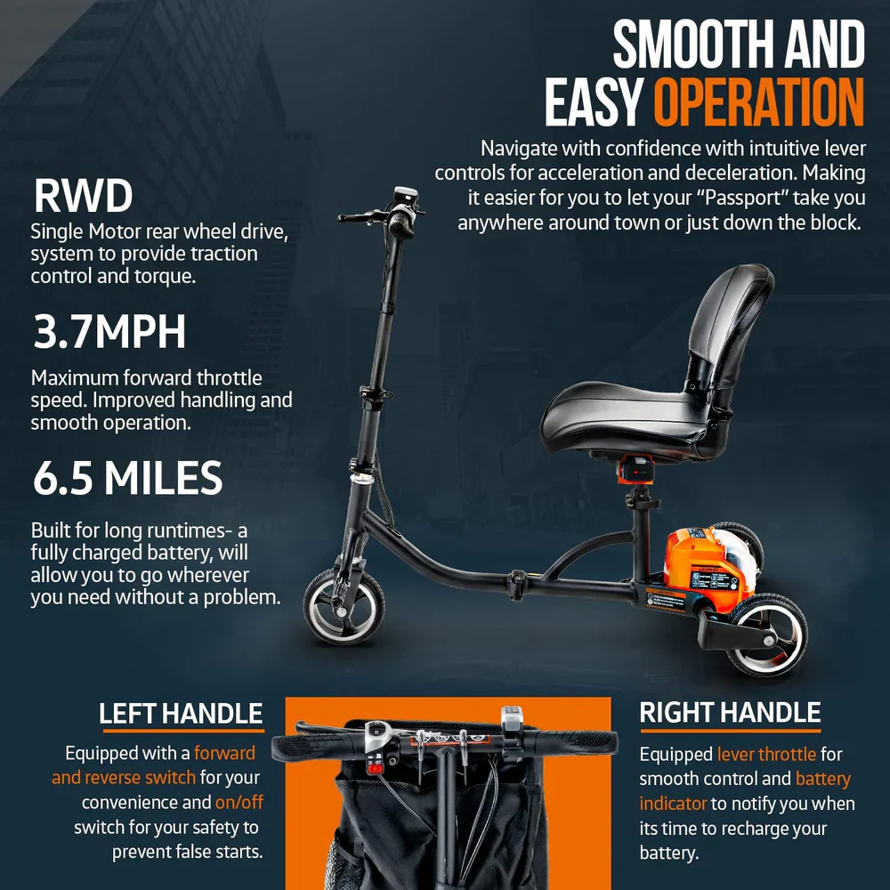SuperHandy (GUT112) Passport 3 Wheeled Long Range Folding Mobility Scooter - Image 5