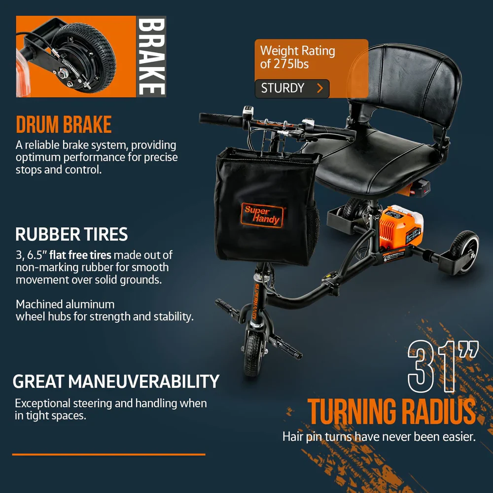 SuperHandy (GUT112) Passport 3 Wheeled Long Range Folding Mobility Scooter - Image 9
