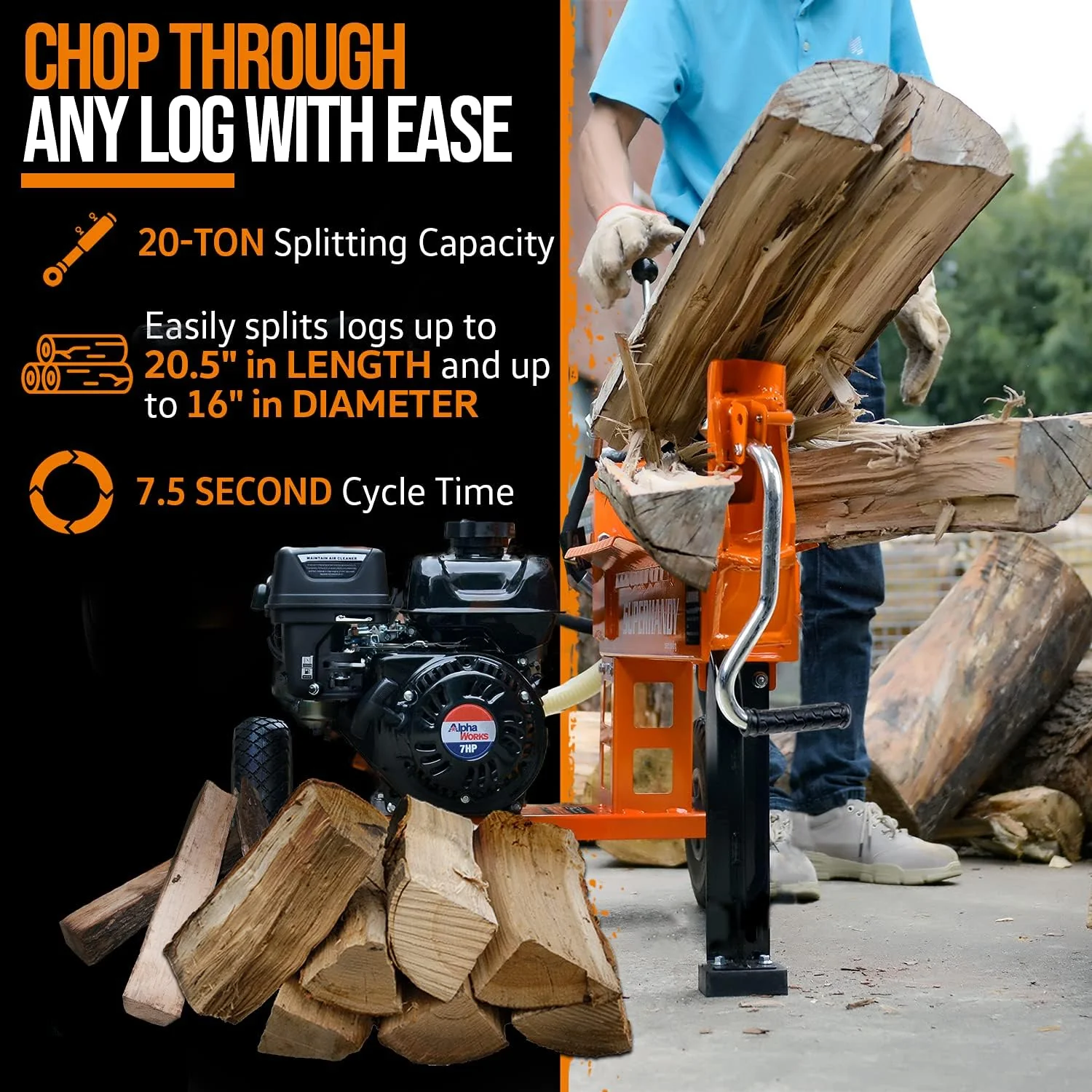 SuperHandy Portable 20 Ton 7HP Gas Powered Log Splitter (GUO077) - Image 11